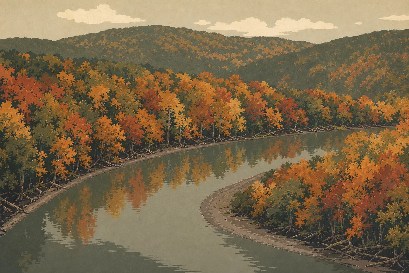Illustration sérigraphiée : La forêt de Mammoth Cave en couleurs d’automne dominant les méandres paisibles de la Green River.