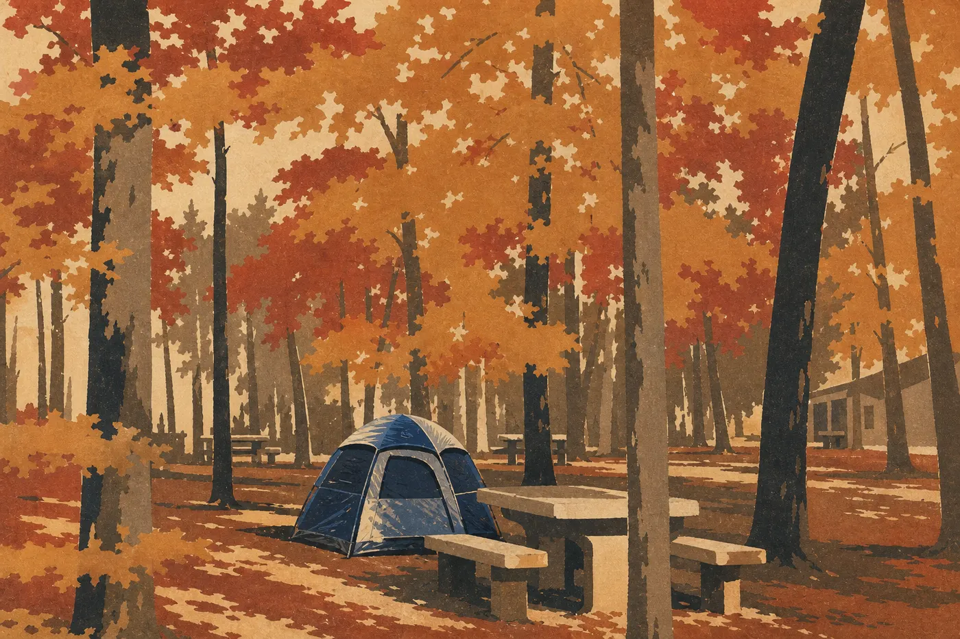 Illustration sérigraphiée : Des tentes installées sous les feuillus sur les emplacements boisés du Mammoth Cave Campground.