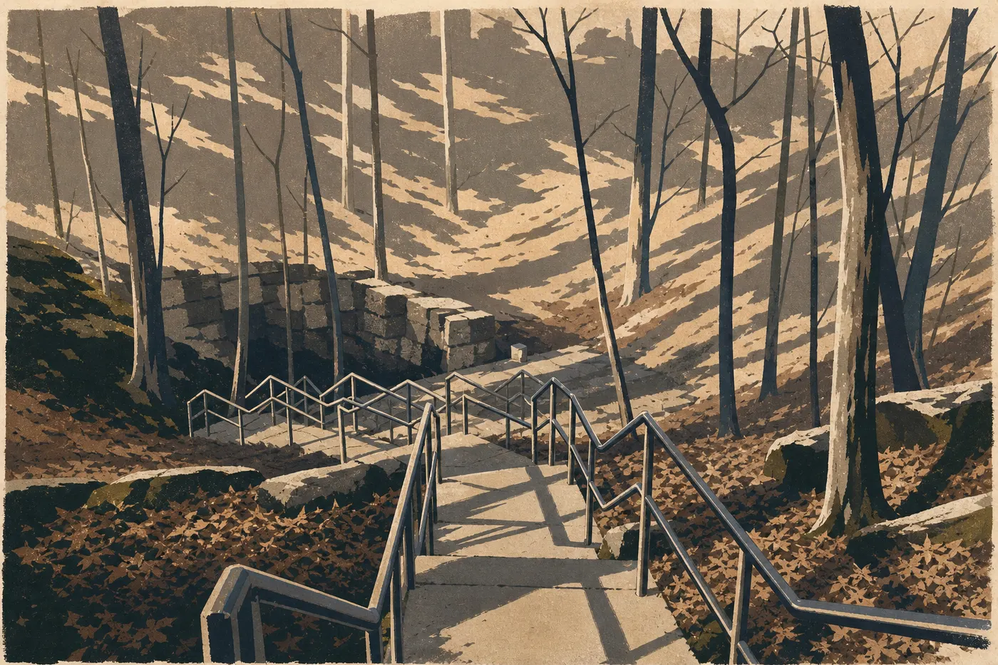 Illustration sérigraphiée : Le sentier de Cedar Sink descendant par des escaliers vers l’imposante doline boisée et ses parois calcaires.