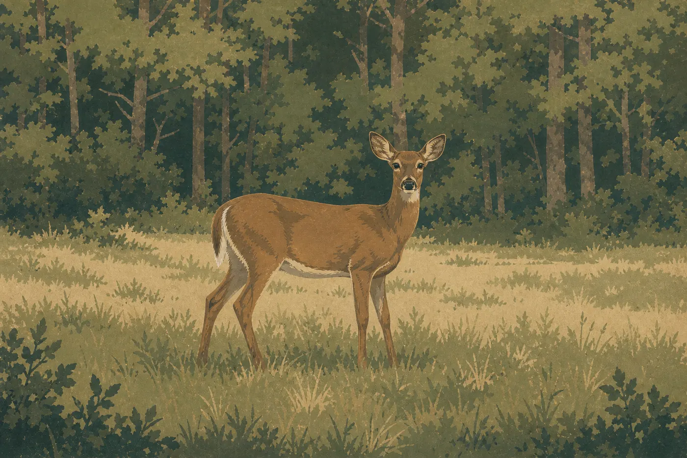 Screen-printed illustration: A white-tailed deer stands motionless in a clearing bordered by the forest of Mammoth Cave.