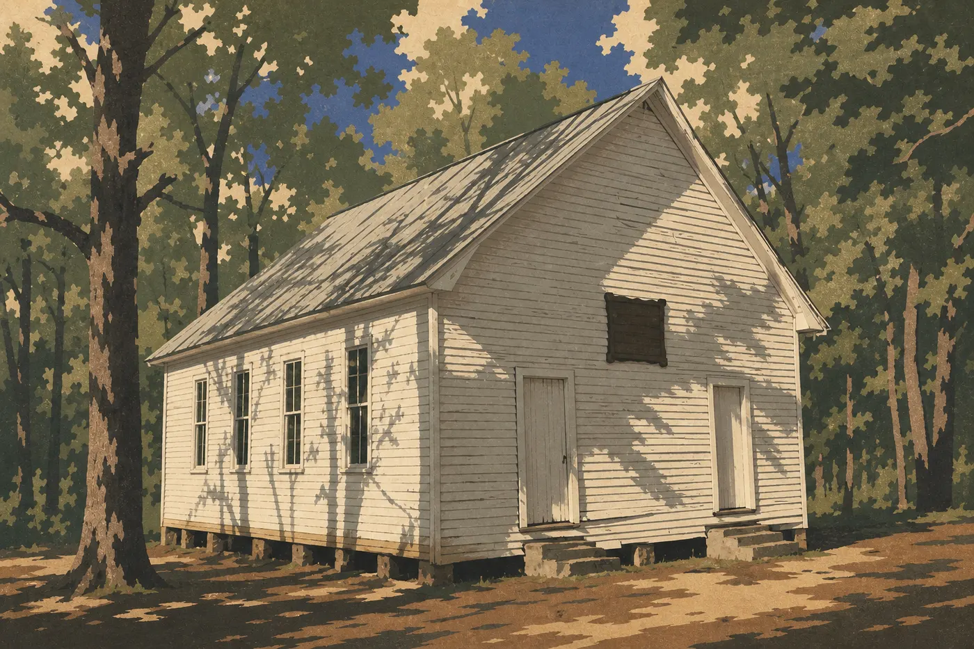 Illustration sérigraphiée : Un cottage historique du Lodge at Mammoth Cave niché sous les grands arbres du secteur central.