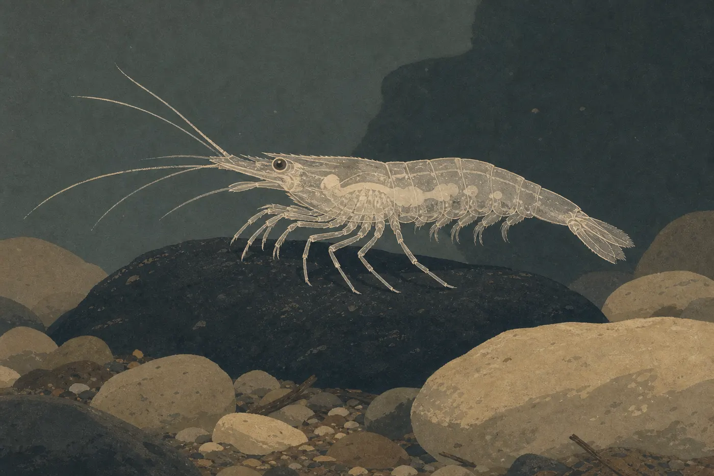 Screen-printed illustration: A tiny Kentucky cave shrimp swims in clear groundwater above a rocky bottom.