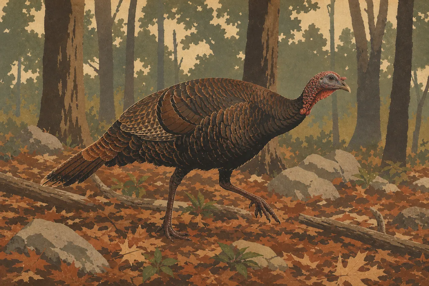 Screen-printed illustration: A wild turkey walks among fallen leaves in the Mammoth Cave understory.