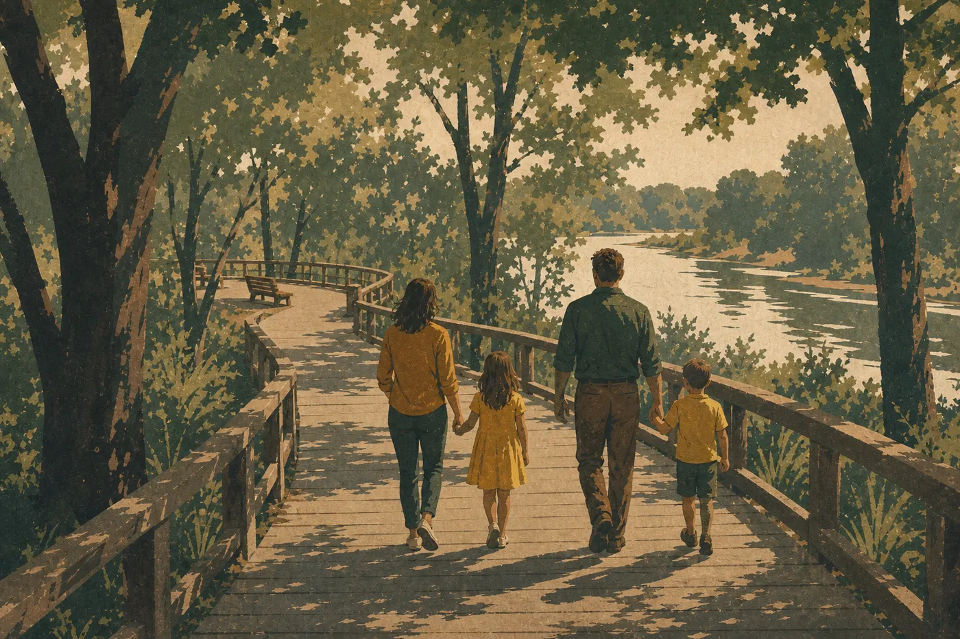 Illustration sérigraphiée : Une famille parcourant la passerelle accessible d’Echo River Spring au bord de la Green River.