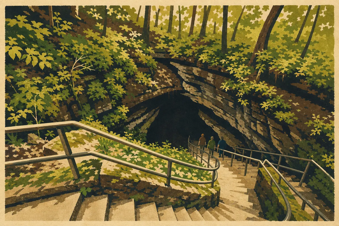 Illustration sérigraphiée : L’entrée historique de Mammoth Cave sous son vaste porche naturel, avec visiteurs descendant l’escalier forestier.