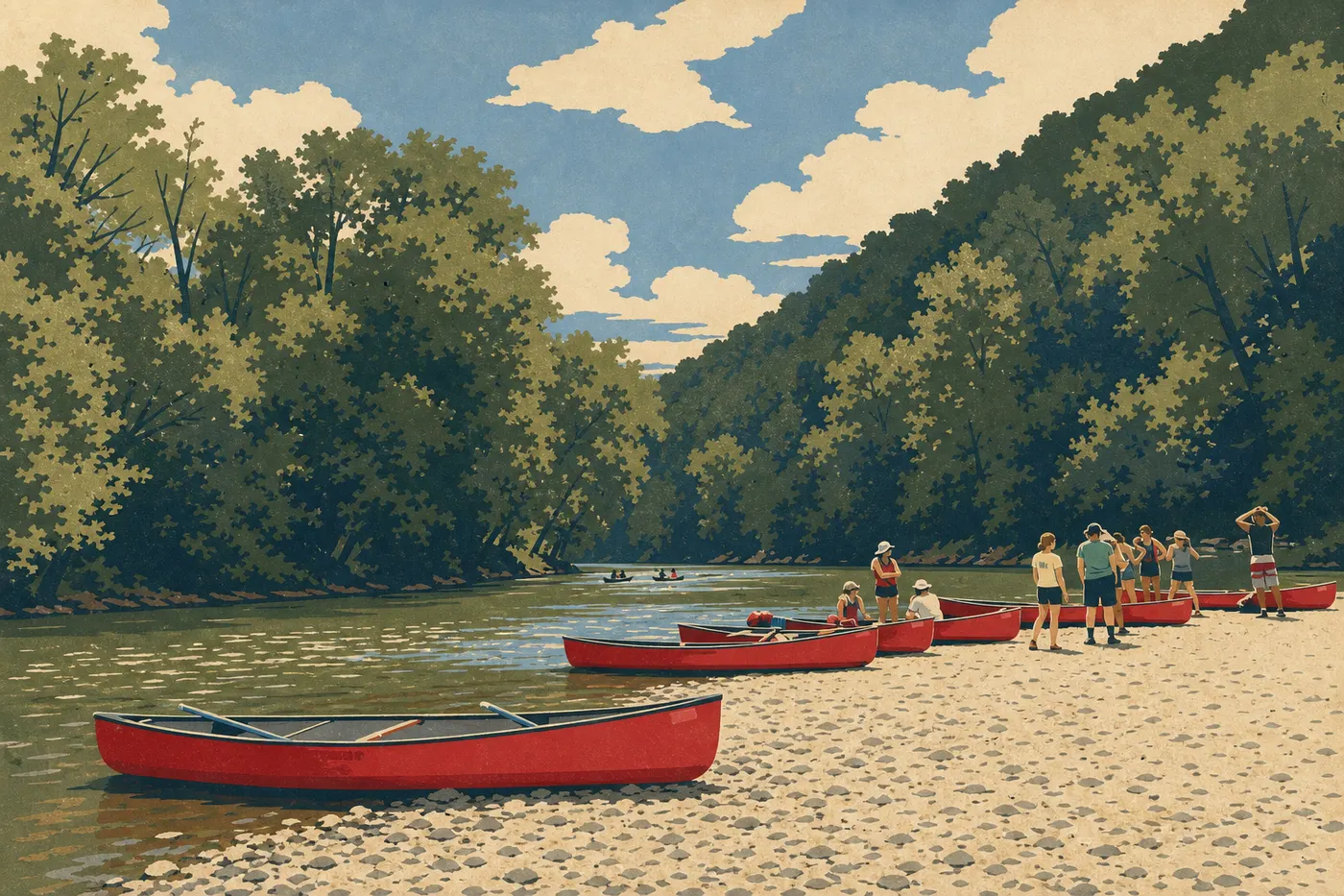 Screen-printed illustration: The Green River beneath dense summer foliage, with paddlers on calm, shaded water.