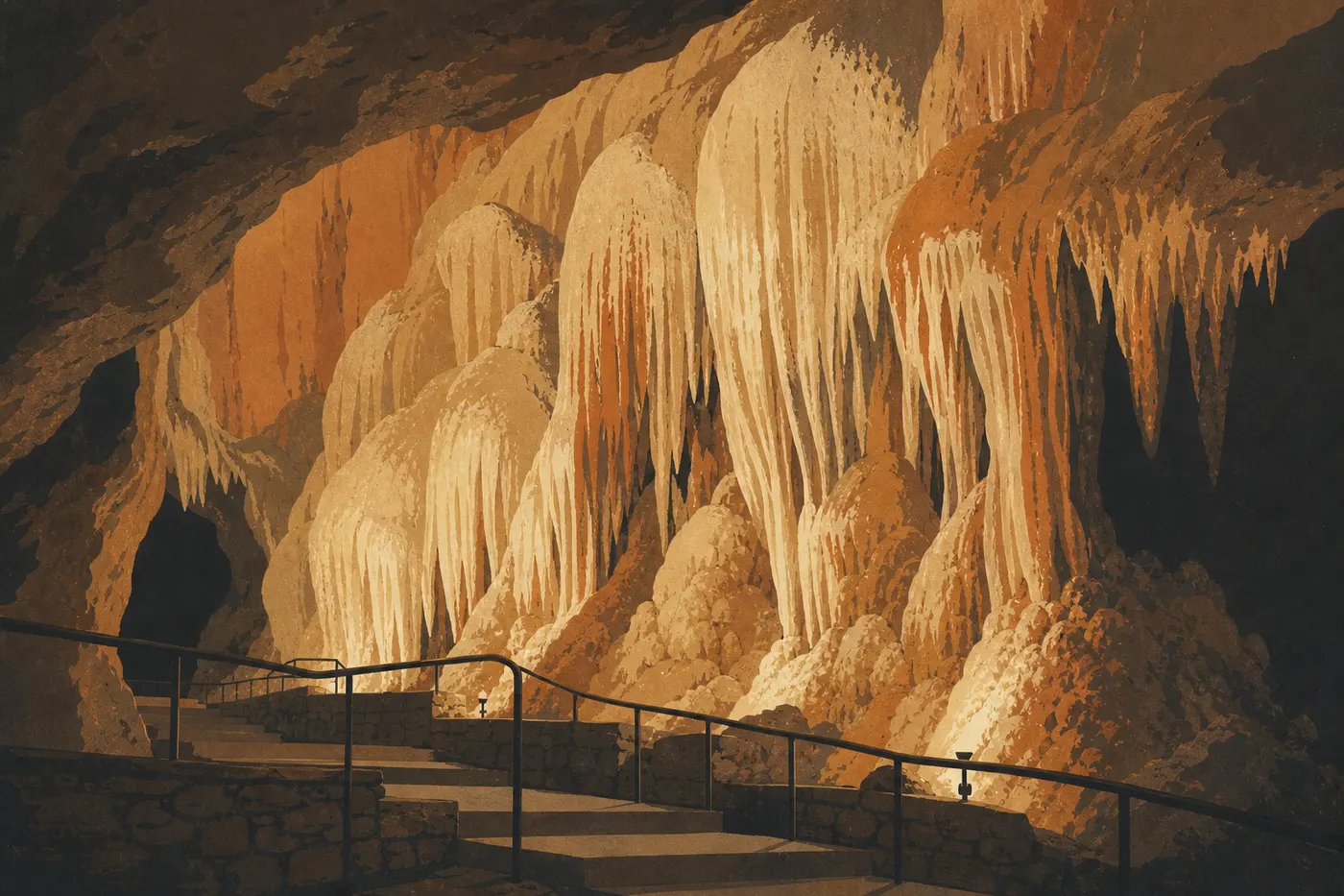 Illustration sérigraphiée : Les draperies calcaires de Frozen Niagara éclairées au-dessus des passerelles du circuit souterrain guidé.