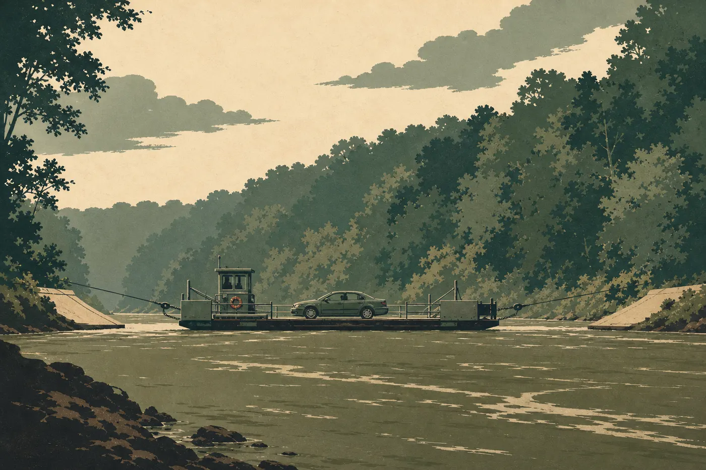 Illustration sérigraphiée : Le bac Green River Ferry transportant une voiture entre les rives boisées au cœur du parc.
