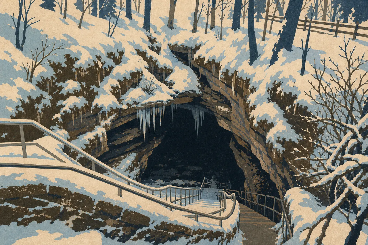 Screen-printed illustration: The historic entrance to Mammoth Cave edged with icicles and snow beneath bare trees.