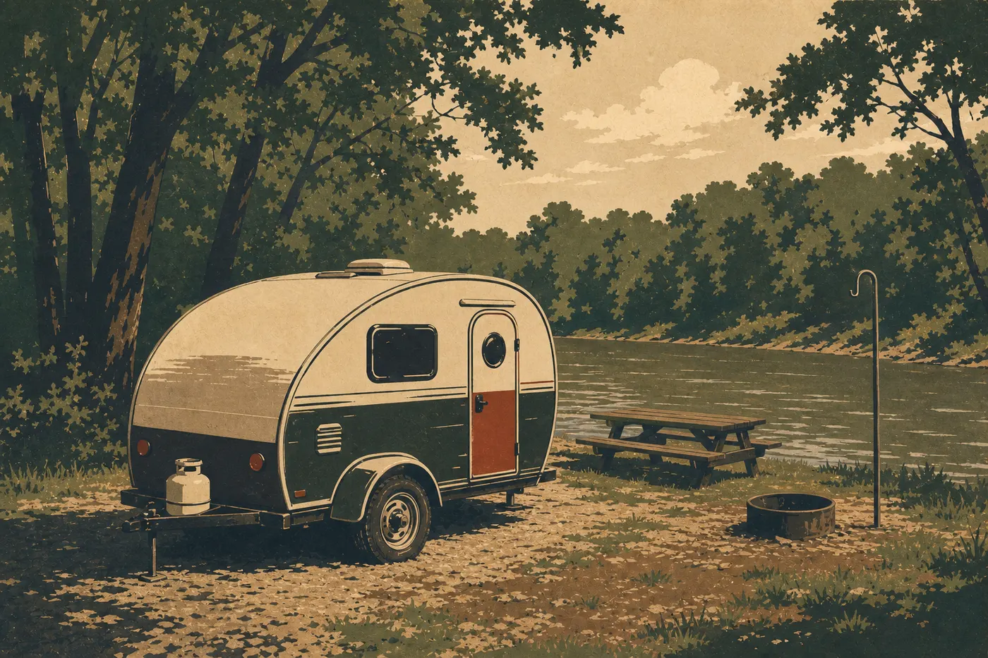 Illustration sérigraphiée : Un camping-car stationné au Houchin Ferry Campground près des berges boisées de la Green River.