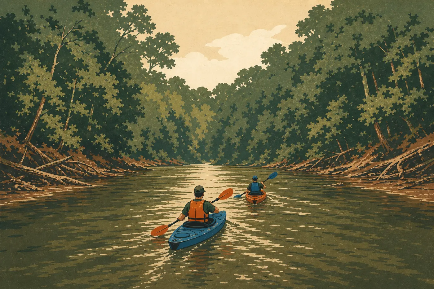 Illustration sérigraphiée : Deux kayakistes pagayant sur la Green River calme entre de hautes berges couvertes de forêt.