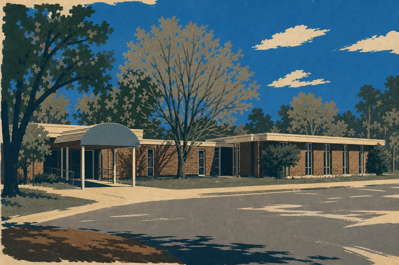 Illustration sérigraphiée : Le Lodge at Mammoth Cave vu depuis la forêt, à quelques pas du Visitor Center.