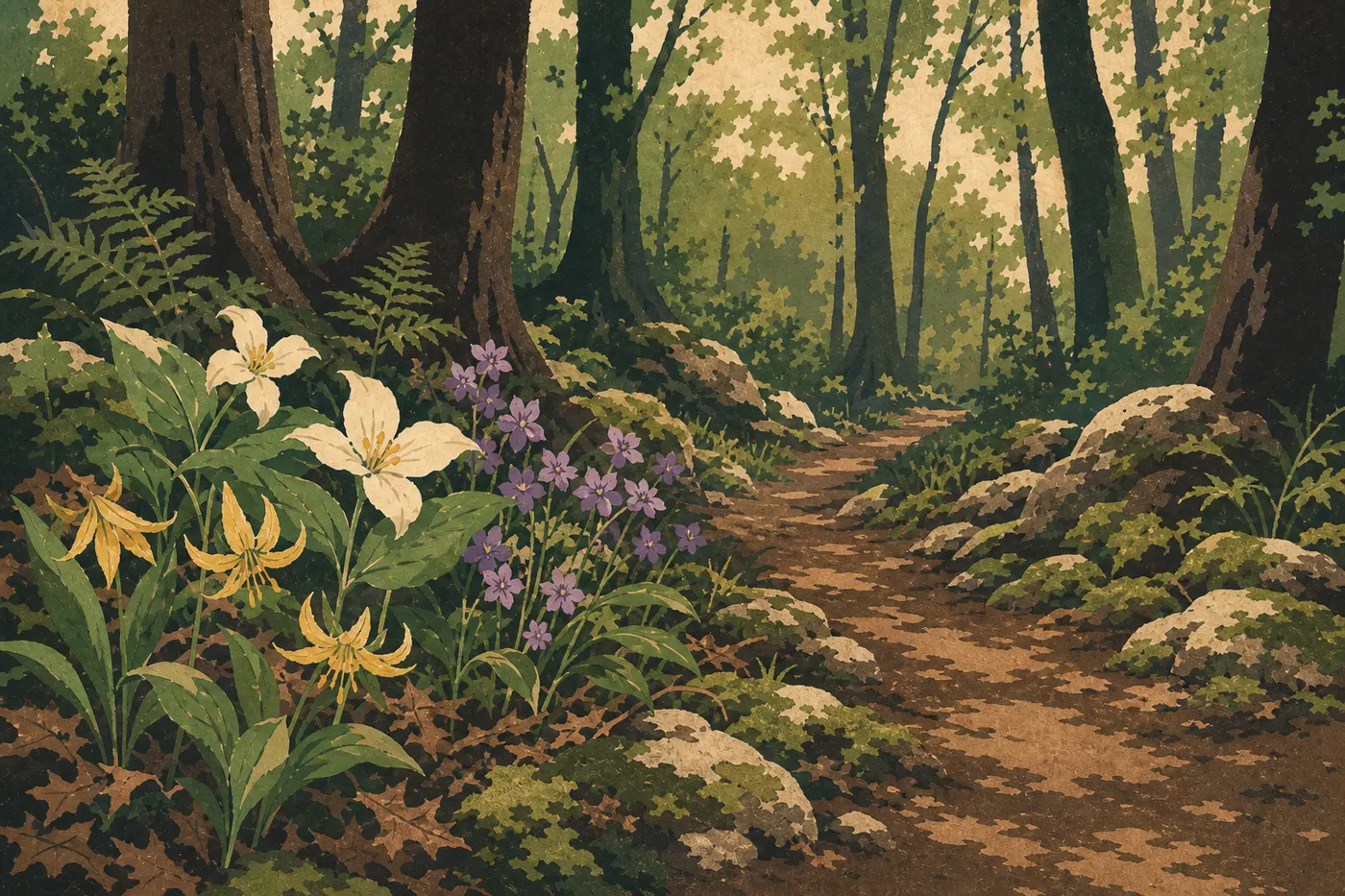 Screen-printed illustration: Spring wildflowers line a green forest trail in Mammoth Cave's backcountry.