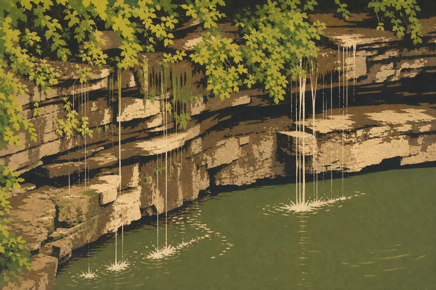 Illustration sérigraphiée : La source de River Styx rejoignant la Green River sous une falaise calcaire tapissée de végétation.