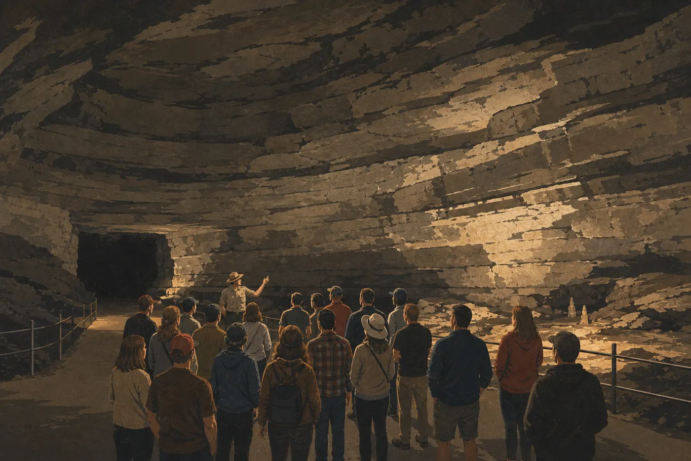 Illustration sérigraphiée : La vaste Rotunda de Mammoth Cave traversée par un groupe suivant un ranger sous les voûtes sombres.