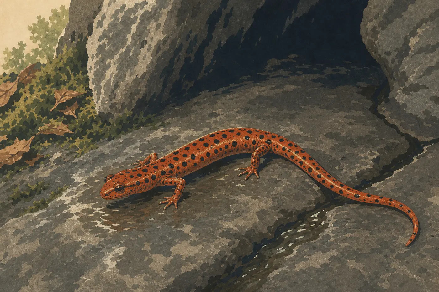 Screen-printed illustration: An orange-spotted cave salamander rests on wet rock near an entrance.