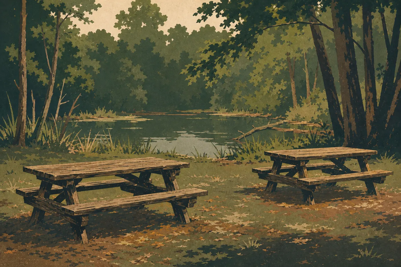 Illustration sérigraphiée : Des tables de pique-nique près de Sloans Crossing Pond, entourées par la forêt du parc.