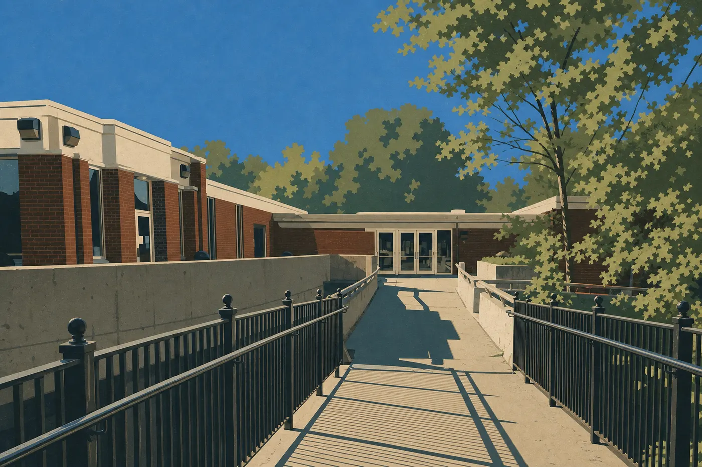 Illustration sérigraphiée : Le Mammoth Cave Visitor Center et sa passerelle piétonne entourés par la forêt feuillue du Kentucky.