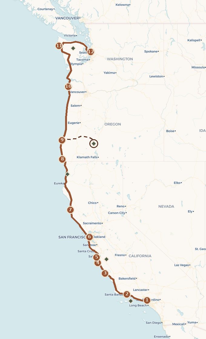 Carte du tracé : La côte Pacifique par la Highway 1