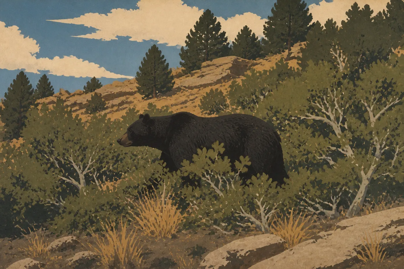 Illustration sérigraphiée : Un ours noir parcourant le chaparral de chênes de Gambel sur les hauteurs boisées de Mesa Verde.