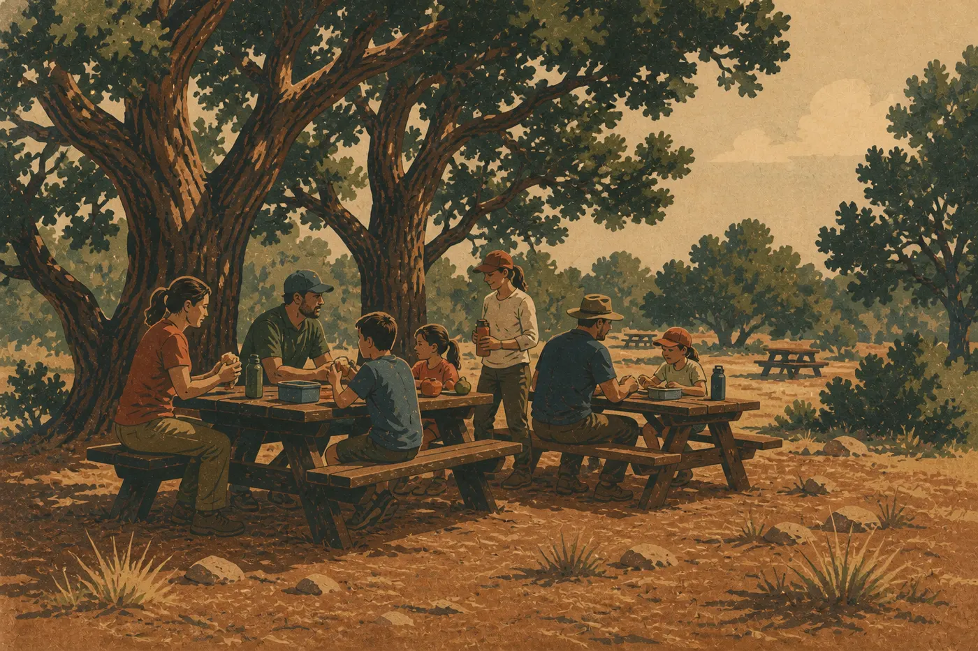 Illustration sérigraphiée : Des visiteurs déjeunant aux tables de Chapin Mesa Picnic Area sous les pins pignons et les genévriers.
