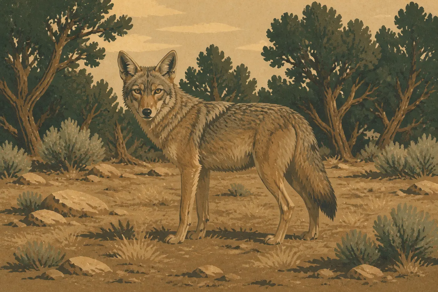 Screen-printed illustration: A lone coyote stands in a clearing in the park's pinyon-juniper forest.