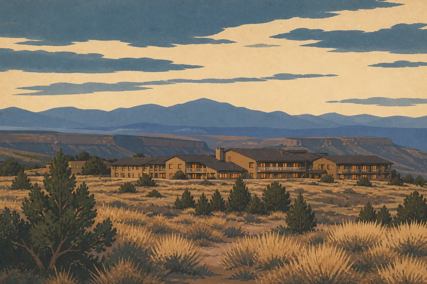 Illustration sérigraphiée : Far View Lodge posé sur la mesa au crépuscule, face aux lointaines montagnes du sud-ouest du Colorado.