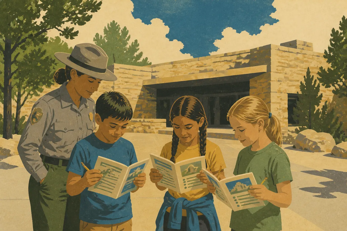 Illustration sérigraphiée : Des enfants participant au programme Junior Ranger devant le Mesa Verde Museum, carnet d'activités en main.