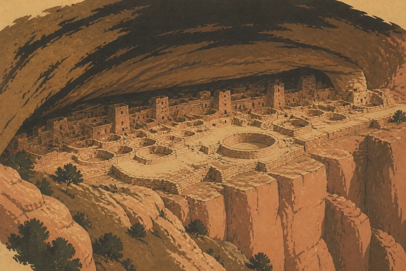 Illustration sérigraphiée : Long House et ses maçonneries étagées dans une profonde alcôve de Wetherill Mesa, observées depuis le belvédère.