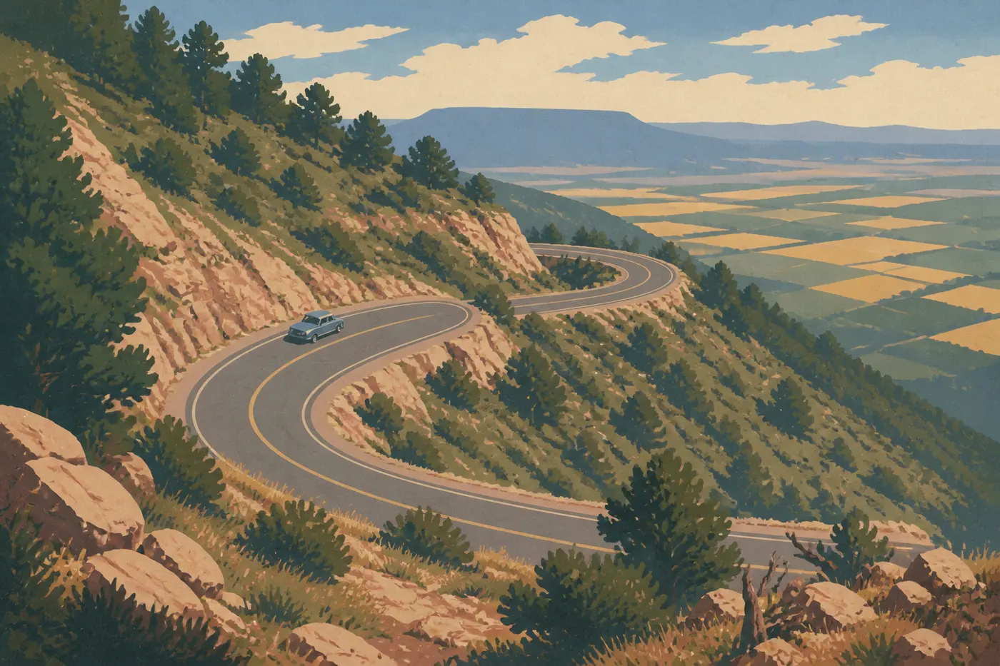 Illustration sérigraphiée : La Main Park Road serpentant sur les pentes abruptes de Point Lookout avec la vallée de Montezuma en arrière-plan.