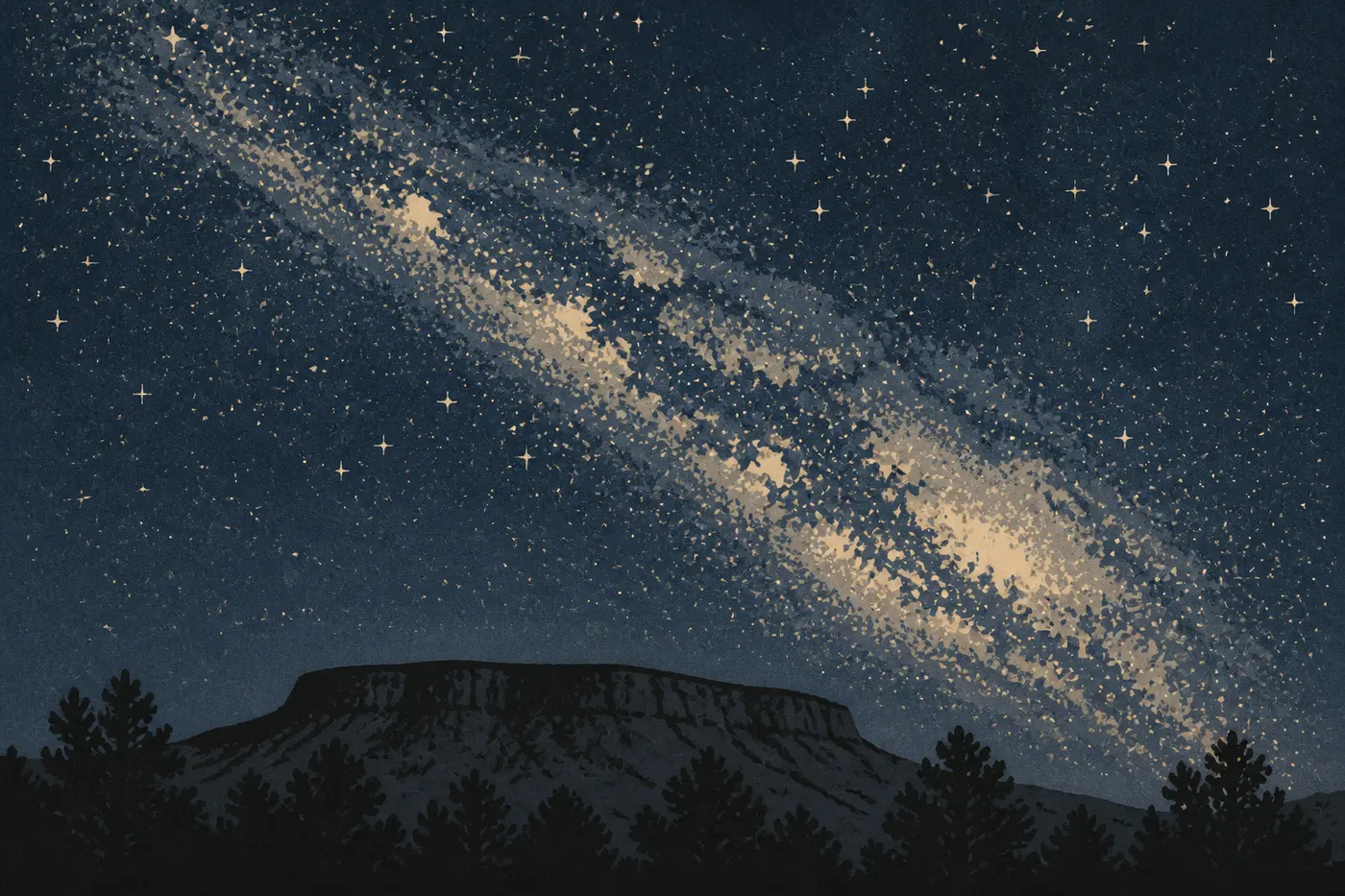 Illustration sérigraphiée : La Voie lactée arquée au-dessus de la silhouette sombre de Point Lookout et du plateau boisé.