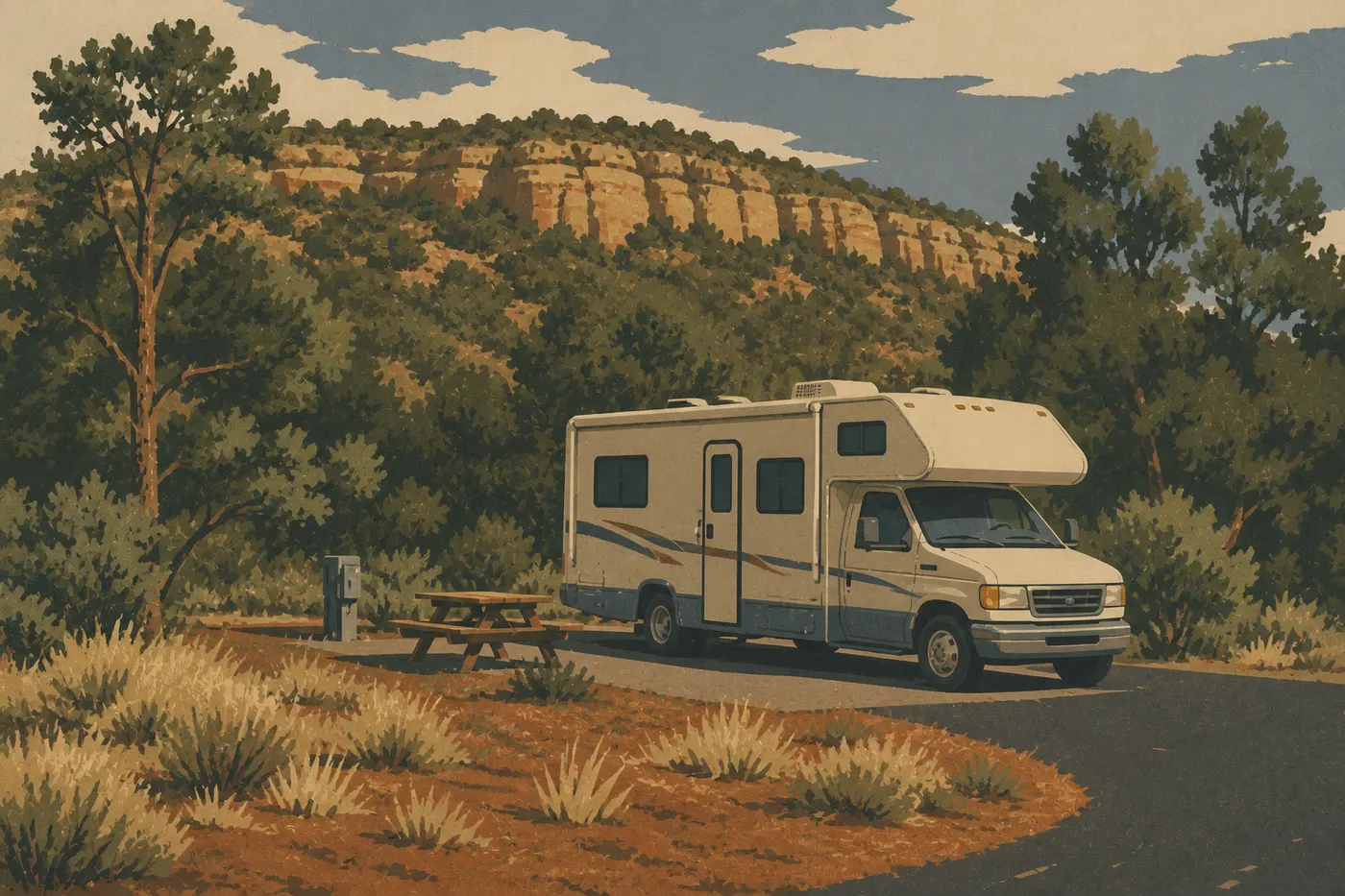 Illustration sérigraphiée : Un camping-car stationné sur un emplacement boisé de Morefield Campground, au pied des reliefs de Mesa Verde.