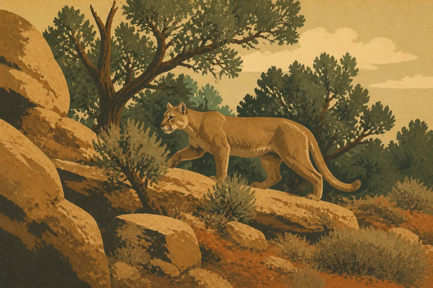 Screen-printed illustration: A reclusive mountain lion moves among rocks and junipers in the steep canyon habitat of Mesa Verde.
