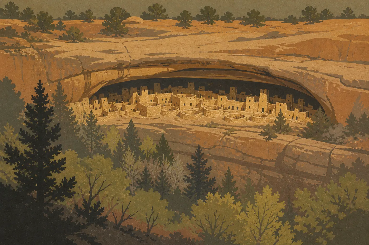 Screen-printed illustration: Spruce Tree House lit by the low spring sun beneath its alcove, with renewed vegetation.