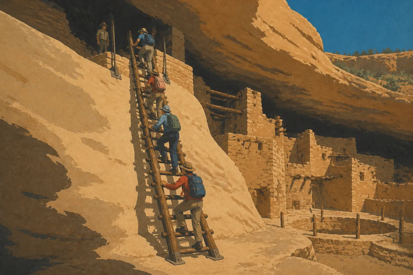 Screen-printed illustration: Visitors climb the tall ladder at Balcony House beneath bright sun and a blue summer sky
