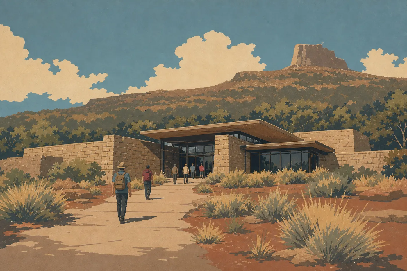 Illustration sérigraphiée : Le Mesa Verde Visitor and Research Center accueillant les voyageurs près de l'entrée sur la route US 160.