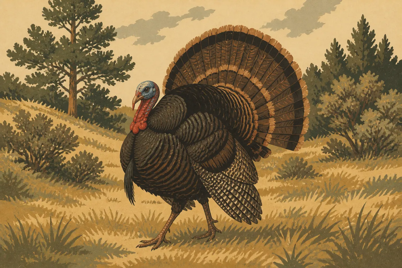 Screen-printed illustration: A male wild turkey moves through a sunny meadow at Morefield Campground, its plumage fully spread.