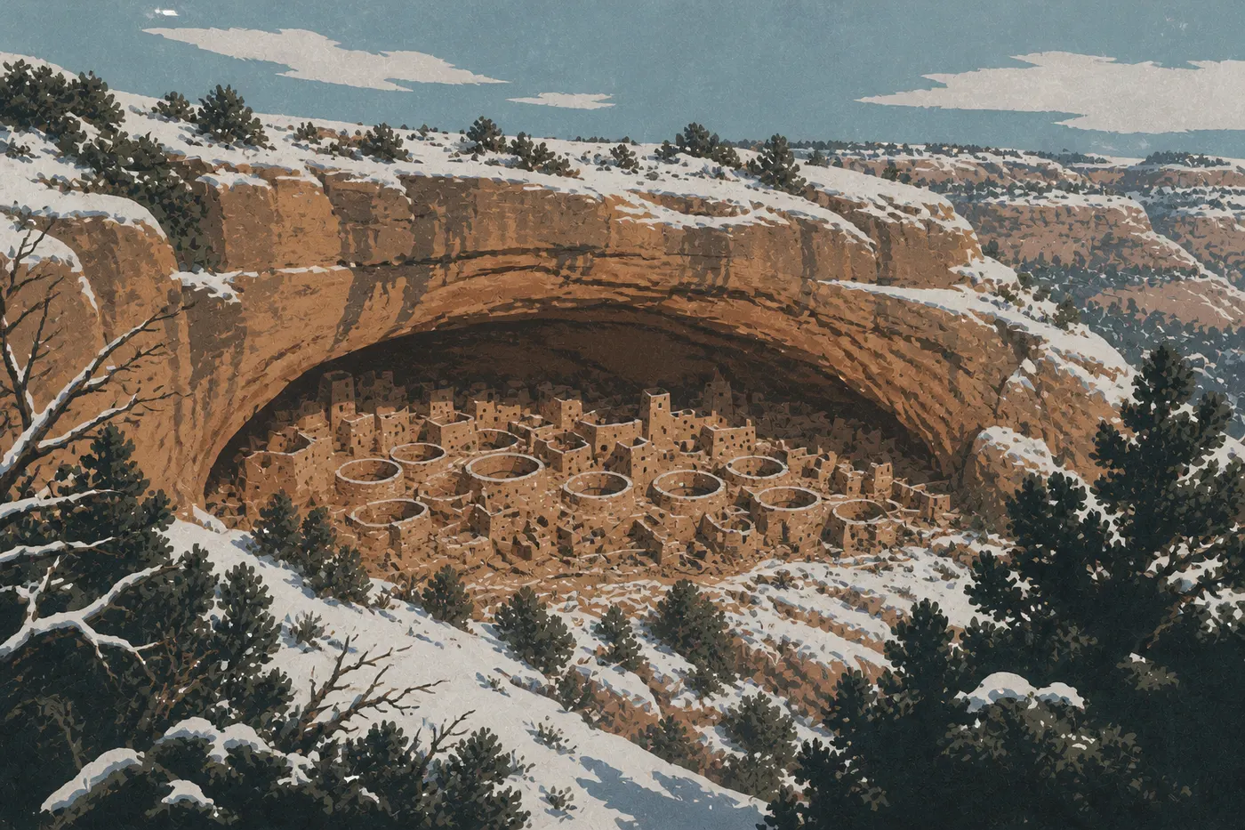 Screen-printed illustration: Spruce Tree House and the walls of Spruce Canyon outlined by winter snow.