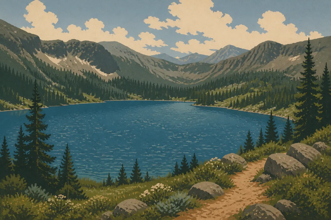Screen-printed illustration: Mowich Lake (Northwest Area)