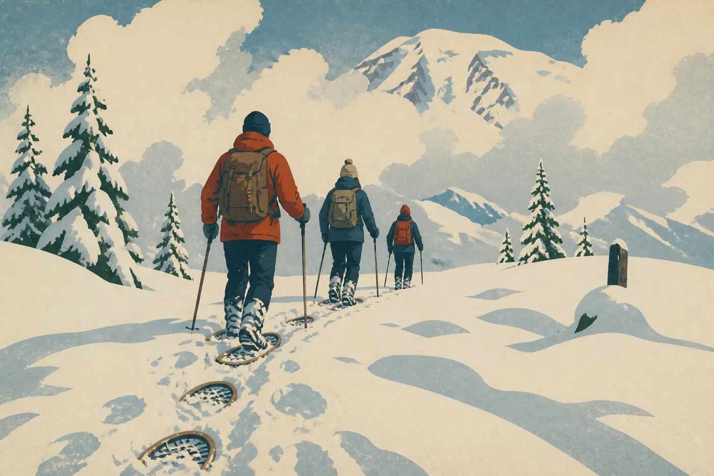 Screen-printed illustration: Winter (December to February): A Snowy Paradise with Limited Access