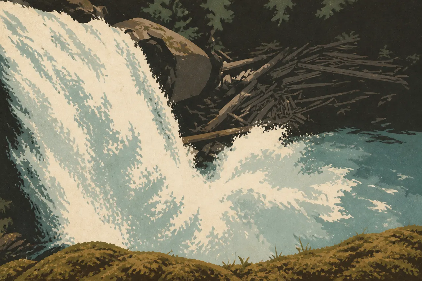 Screen-printed illustration: Spring (March to May): Waterfalls, Mud, and a Gradual Return