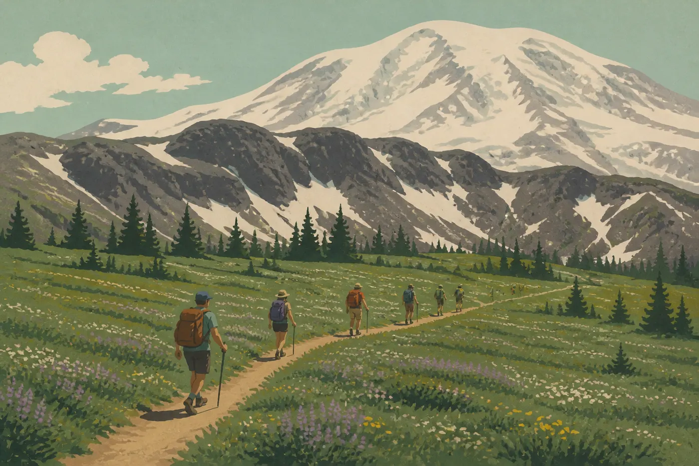 Screen-printed illustration: Summer (June to August): Peak Season, with Wildflowers and Crowds