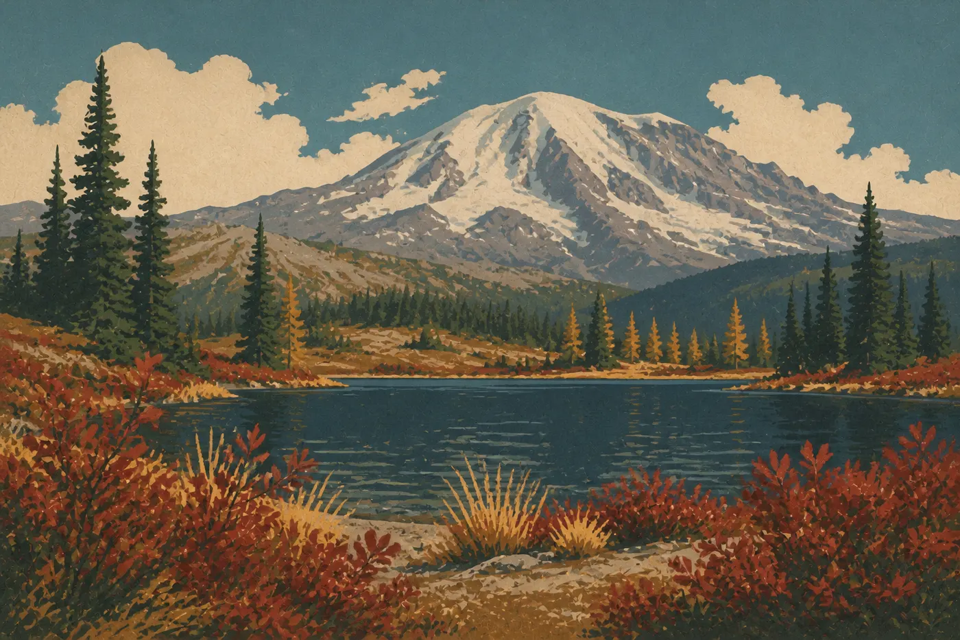 Screen-printed illustration: Fall (September to November): Light, Quiet, and the First Snow