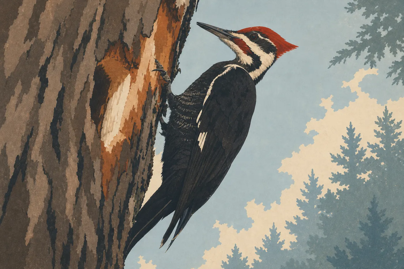 Screen-printed illustration: Pileated Woodpecker (Dryocopus pileatus)