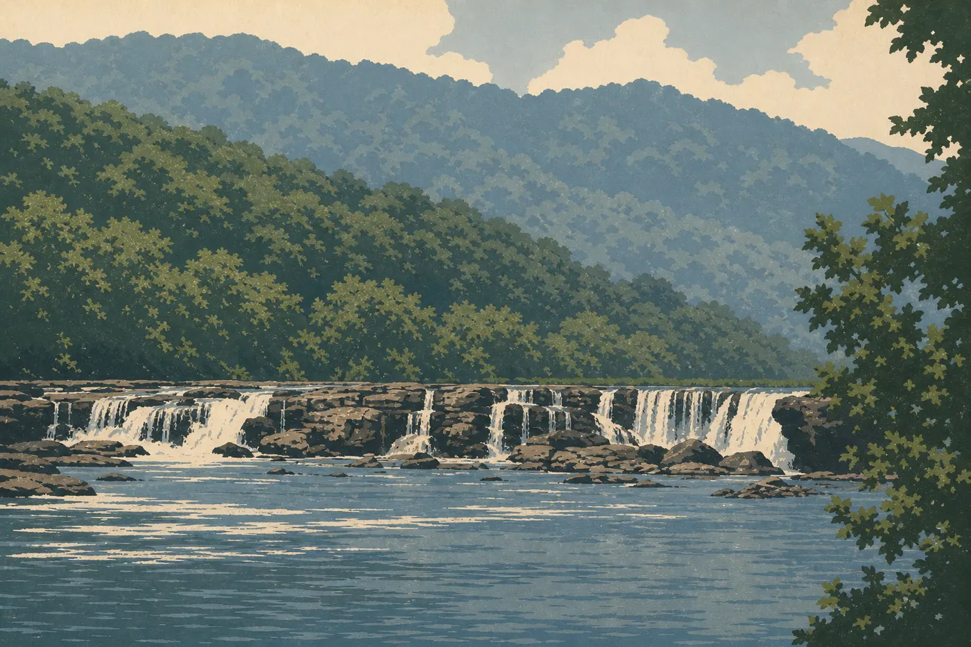 Illustration sérigraphiée : Sandstone : les chutes et la rivière à portée de main