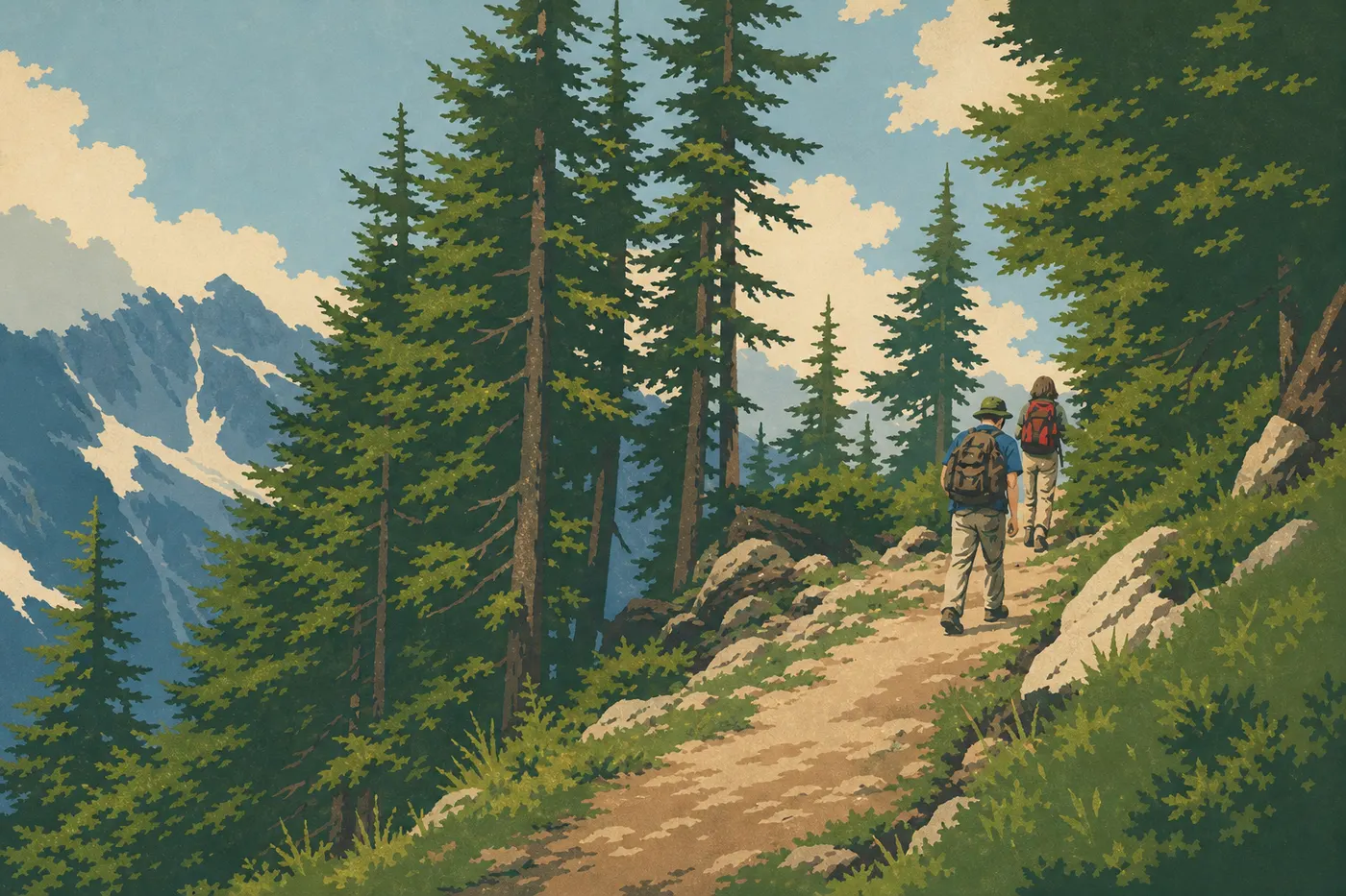 Illustration sérigraphiée : Des randonneurs gravissent les lacets du Cascade Pass Trail face aux glaciers et aux sommets du Johannesburg Mountain
