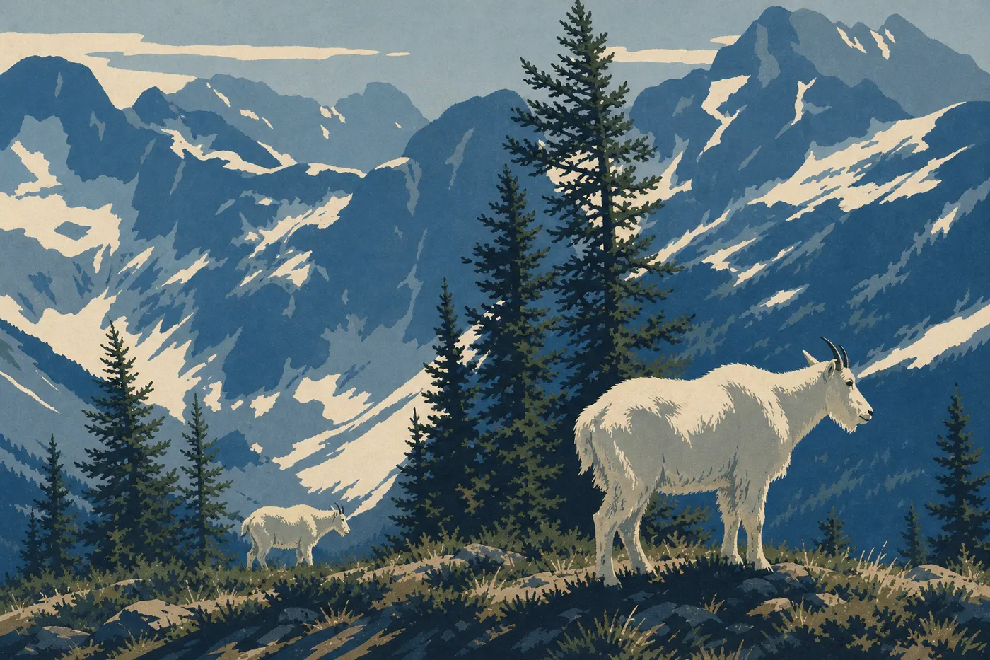 Screen-printed illustration: A white mountain goat stands on the rocks in the Cascade Pass and Sahale Arm area.