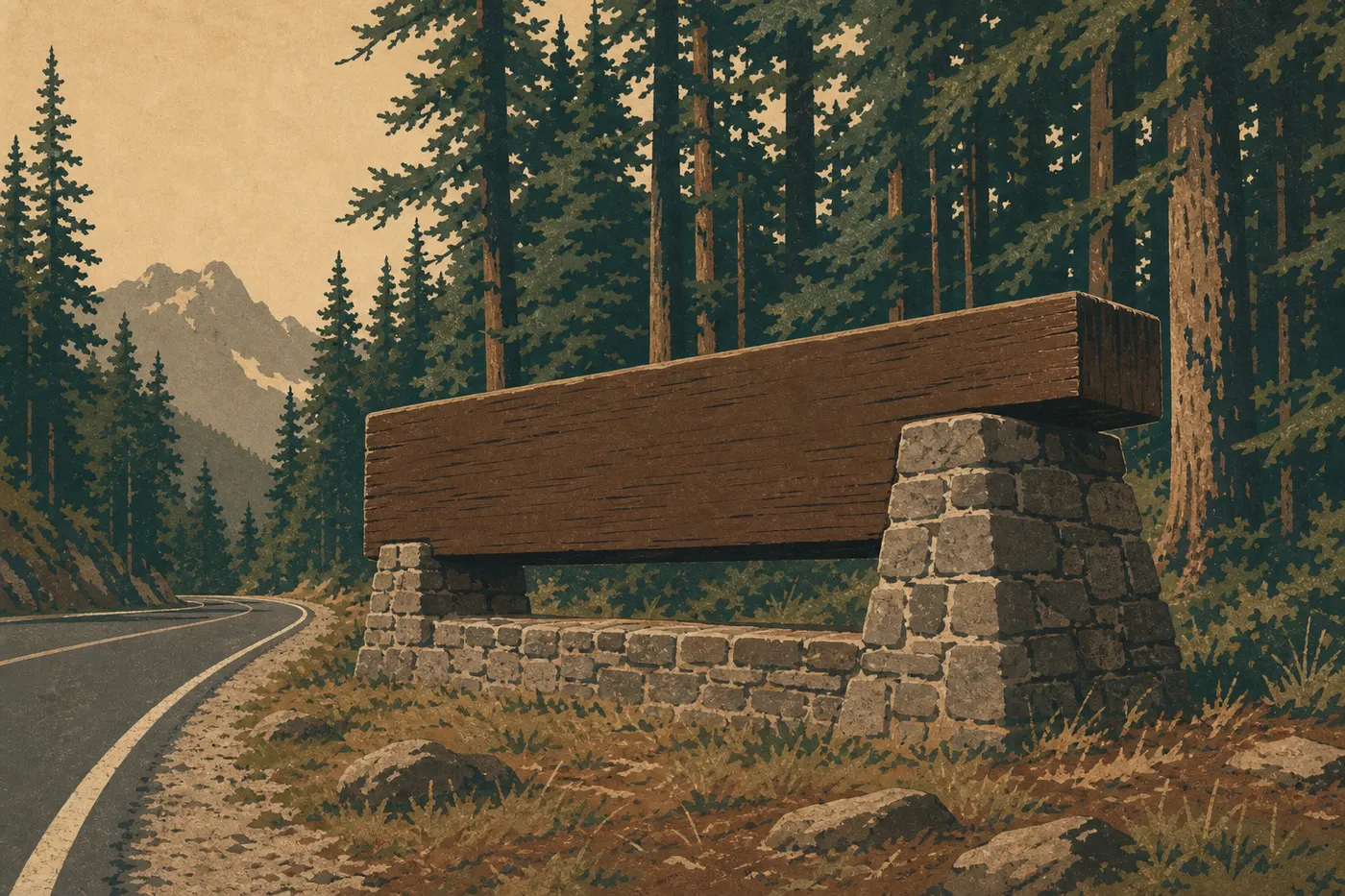 Illustration sérigraphiée : Le panneau d'entrée de North Cascades se dresse au bord de la State Route 20 dans la forêt