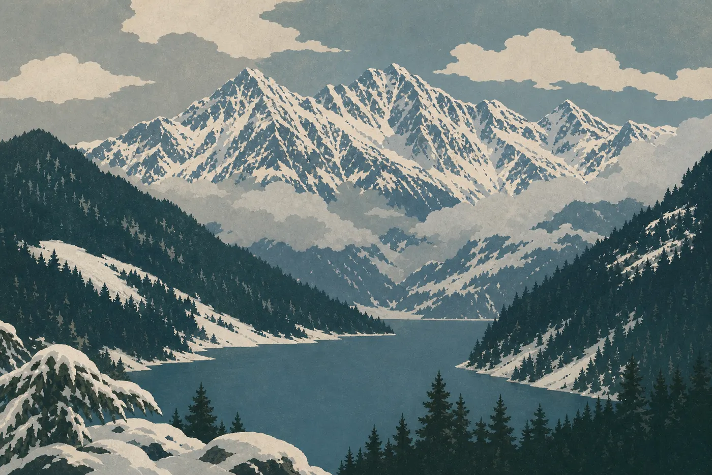Screen-printed illustration: Diablo Lake and the surrounding peaks appear beneath the snow, amid winter mist and dark conifers.