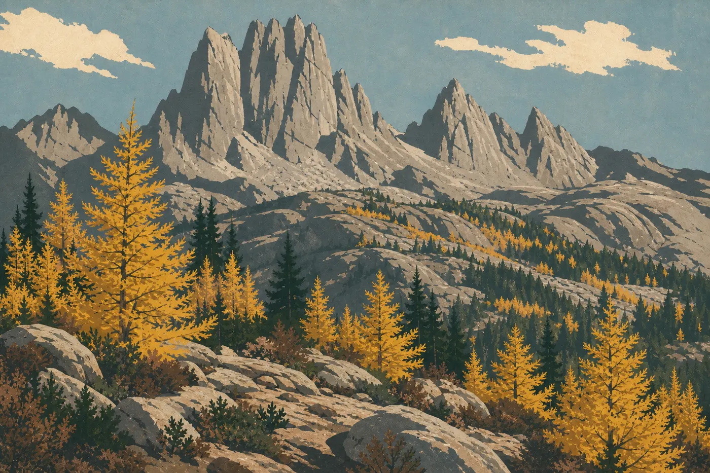 Illustration sérigraphiée : Les mélèzes alpins dorés illuminent Washington Pass et les aiguilles rocheuses des North Cascades en automne